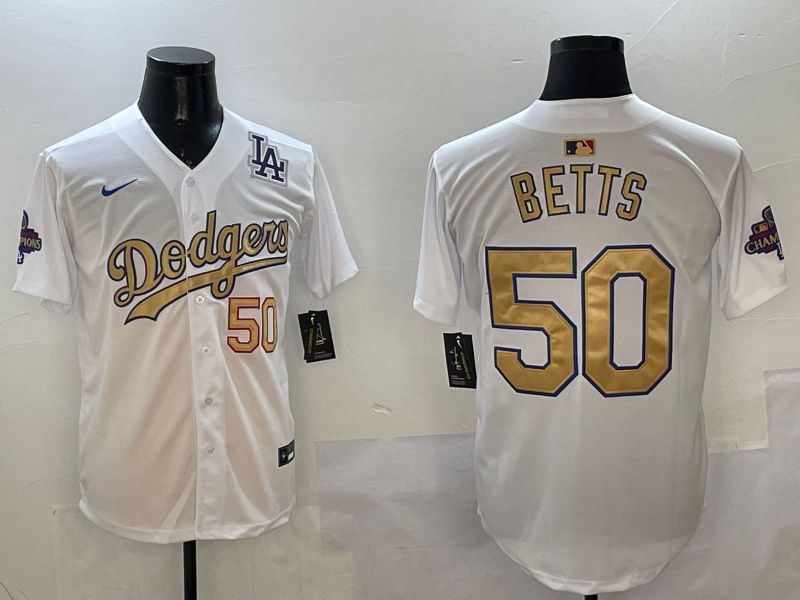 Men Los Angeles Dodgers #50 Betts White Champion gold character 2025 Nike MLB Jersey style 5->los angeles dodgers->MLB Jersey
